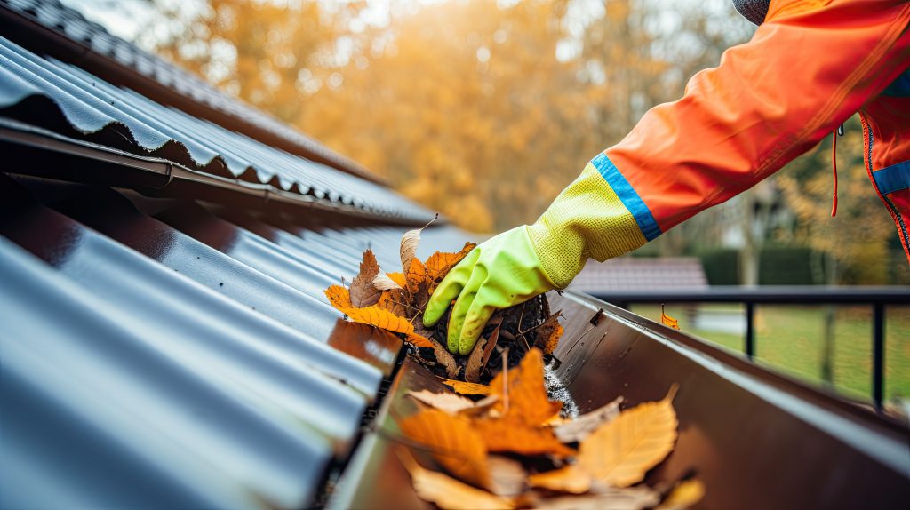 clogged gutter being cleaned