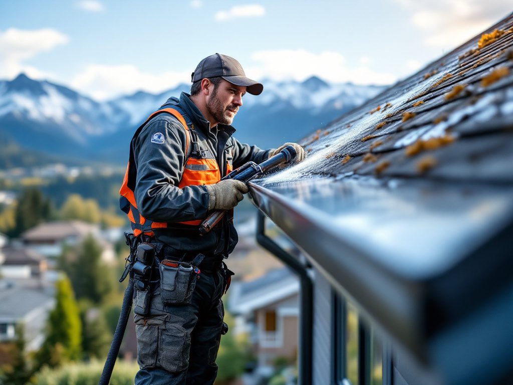 Professional gutter cleaning on a modern home in the Okanagan Valley, with mountains in the background